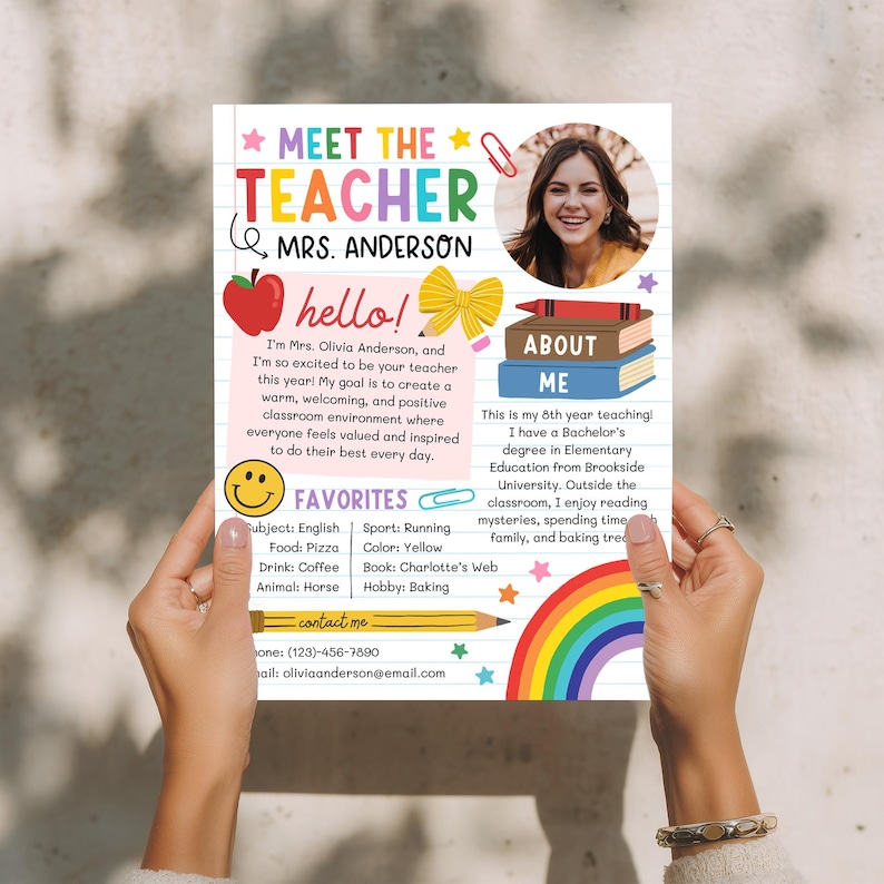 May include: A Meet the Teacher flyer for Mrs. Anderson featuring a photo of a smiling person, a red apple, a yellow bow, a stack of books, a smiley face, and a rainbow. The text includes a personal introduction, favorites, and contact details.
