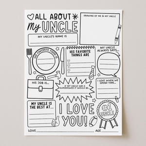 Puede incluir: Hoja imprimible en blanco y negro titulada "ALL ABOUT my UNCLE". Incluye espacios para dibujar, cosas favoritas y una sección que dice "I LOVE YOU!" con un gráfico de balón de rugby.