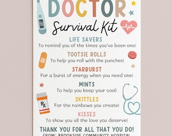 Doctor Survival Kit Tag, Medical Staff Appreciation Week Thank You Tag Printable, National Doctors Day Candy Favor Bag, Edit With Canva
