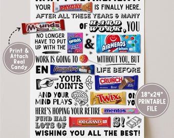 Retirement Candy Bar Poster Printable, Funny Retirement Gifts, Candy Gram Card For Teacher Nurse Coworker, Candy Bar Sign, Digital Download