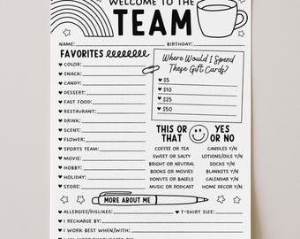 Vragenlijst personeelswaardering teambuilding, enquête over favoriete dingen teamleden, alles over cadeau-ideeën voor mijn collega, bewerken met Canva