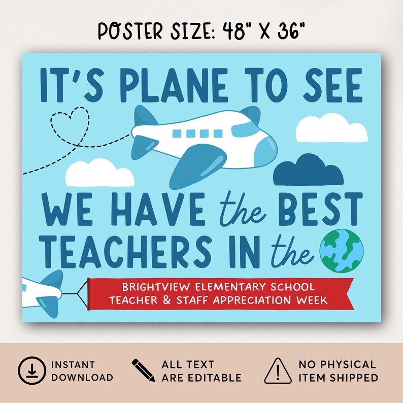 Travel Theme Teacher Appreciation Week Banner Printable, Airplane Around The World Teacher Week Poster Template, Edit With Canva image 2