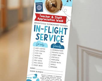 Reisthema VIP-roomservice deurhanger, Around The World Teacher Appreciation Week afdrukbaar decor, bord snackwagen, bewerken met canvas,