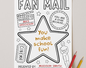 Carta "Todo sobre mi profesor", página para colorear con correo de fans sobre películas, tarjeta "Eres una estrella" para el final del curso escolar en Hollywood, edición con Canva