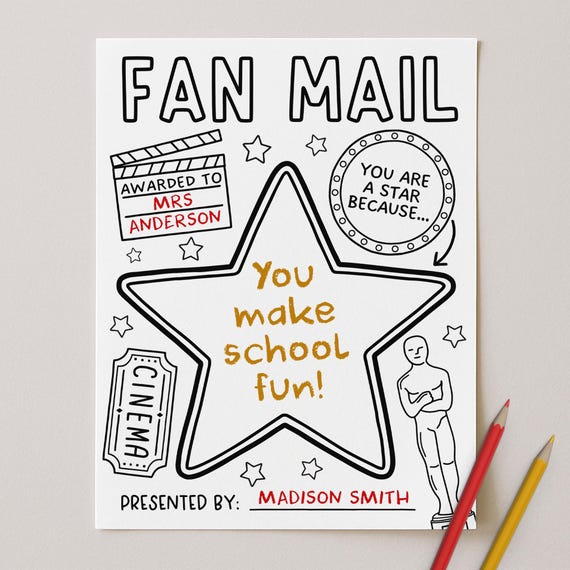 All About My Teacher Letter, Movie Theme Fan Mail Coloring Page, You're A Star Card For End Of School Year Hollywood, Edit With Canva