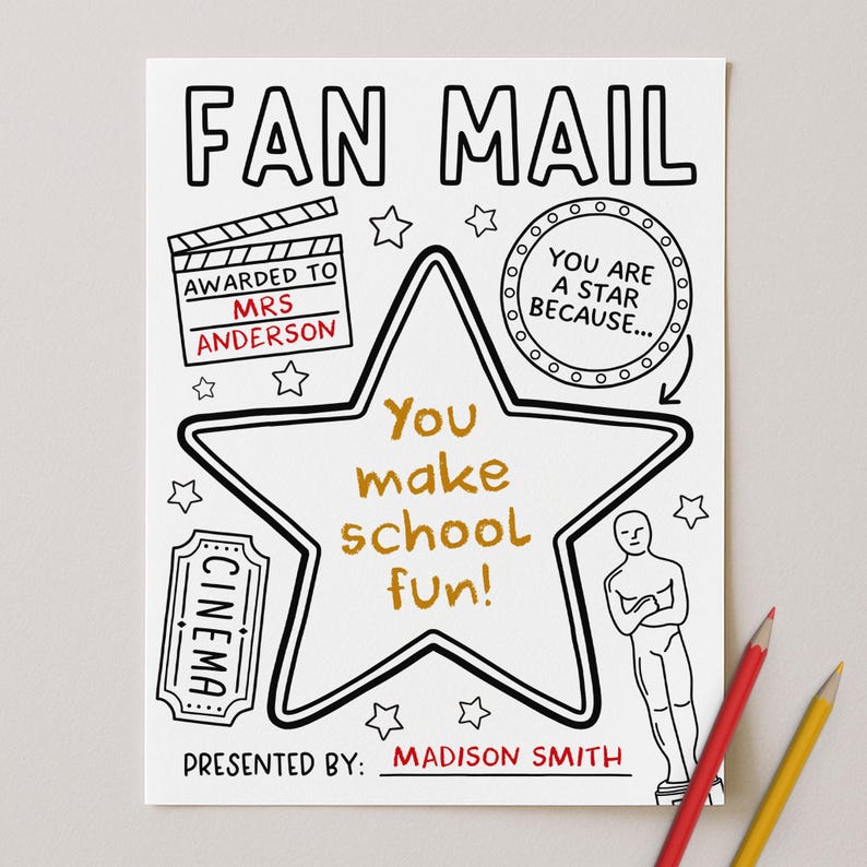 All About My Teacher Letter, Movie Theme Fan Mail Coloring Page