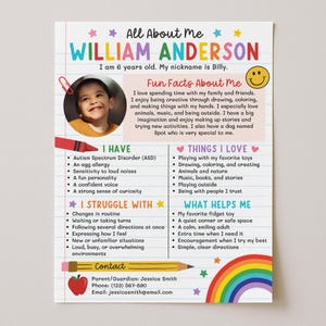 Peut inclure: Une fiche d'information personnalisée All About Me pour un enfant nommé William Anderson. Le document présente une photographie de l'enfant, des sections pour les faits amusants, les besoins, les intérêts et les coordonnées, avec des icônes colorées.