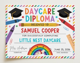 Diploma de guardería, plantilla imprimible de certificado de graduación preescolar, graduación preescolar, premio del último día de clases preescolares, editar con Canva