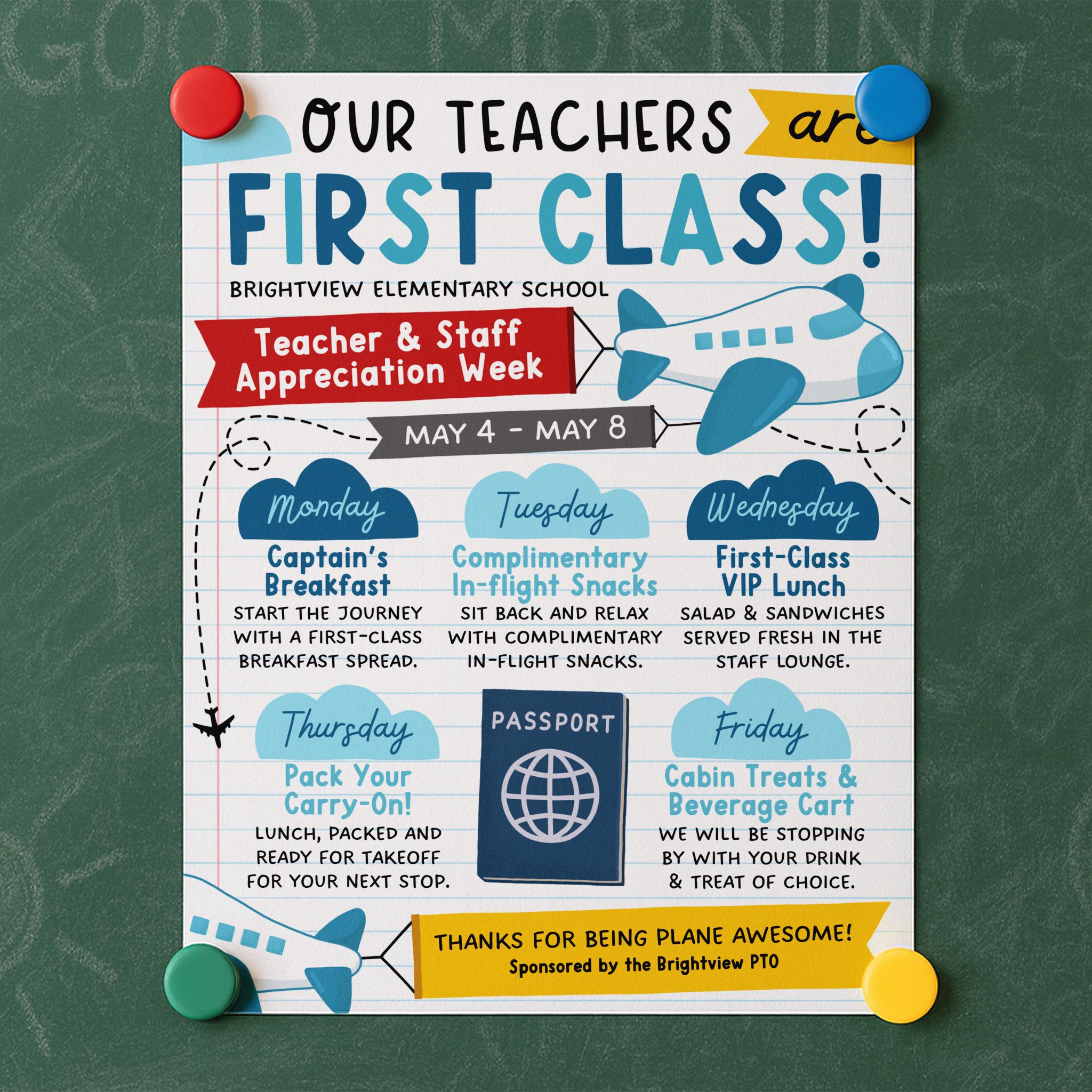 Travel Theme Teacher Appreciation Week Itinerary Flyer, Plane Awesome ...
