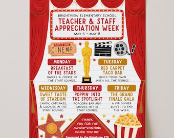 Flyer Hollywood Teacher Appreciation Week, filmthema Staff Teacher Week, wekelijkse evenementen rode loper school, bewerken met Canva