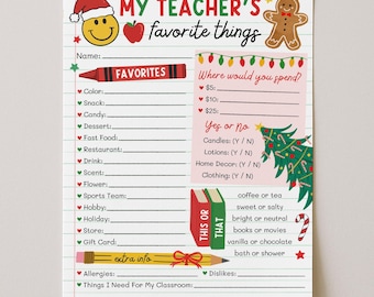 Teacher Christmas Wishlist Template, Teacher Favorite Things Questionnaire Printable, All About My Teacher Survey, Edit With Canva