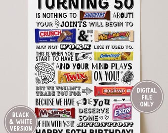 Afdrukbare snoepposter 50e verjaardag, geboren in 1975, cadeau voor collega of vriend, bord snoepreep voor feestdecoratie, mijlpaal snoepgram