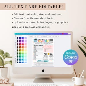 May include: A desktop computer displays a customizable "All About My Coworker" questionnaire. The screen shows editable text, color options, and a Canva logo, suggesting easy personalization for office-related gifts or activities.
