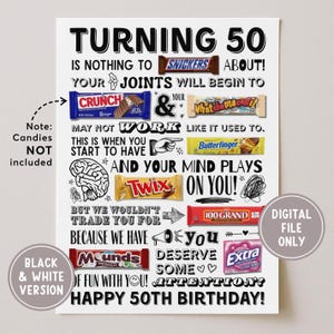 Póster imprimible de dulces para el 50 cumpleaños, regalo para compañeros de trabajo o amigos nacidos en 1975, cartel de barra de dulces para decoración de fiestas, carta de dulces para hitos