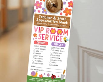 Floral Theme VIP Room Service Door Hanger, Flower Spring Garden Teacher Appreciation Week Printable Decor, Snack Cart Sign, Edit With Canva