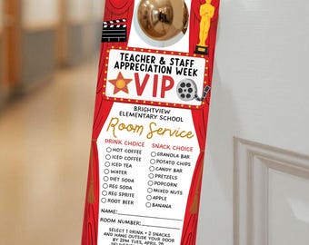 Hollywood VIP-roomservice deurhanger, filmthema decor leraar waardering week, bord snackwagen, rode loper school, bewerken met canvas