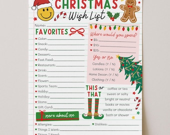 May include: A Christmas Wish List printable on lined paper. The top of the list has the words "Christmas Wish List" in red and green. The list includes sections for favorites, spending, and "this or that" choices. A gingerbread man and a Christmas tree are also featured.