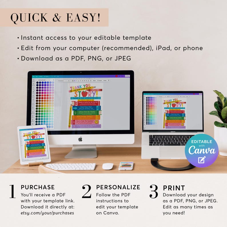 May include: A digital template displayed on a desktop computer, laptop, and tablet. The template features a colorful stack of books with the text "THANK YOU STORY!". Instructions for purchase, personalization, and printing are also shown.