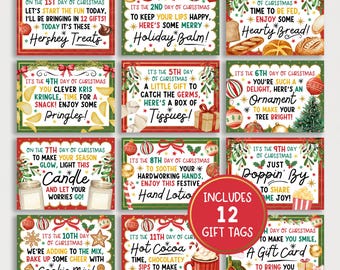 May include: Set of 12 Christmas gift tags with festive designs and text. Each tag features a different holiday-themed message, such as "Hershey Treats," "Holiday Balm," and "Hearty Bread." The tags are red, green, and white with decorative elements.