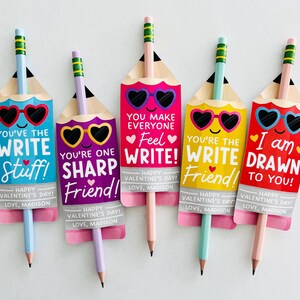 Valentijn potloodhouder tag voor kinderen, schrijf Valentijn potloodlabels, niet-snoep klaslokaal voorschoolse Valentijnsdag kaarten, bewerken met canvas