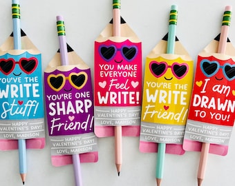 Valentine Pencil Holder Tag For Kids, Write Valentine Pencil Labels, Non Candy Classroom Preschool Valentine's Day Cards, Edit With Canva