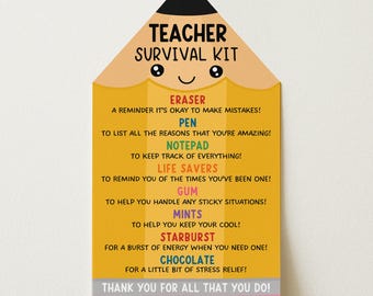 Teacher Survival Kit Tag For Teacher Appreciation Week, Funny End Of Year Gift, 1st Day Of School Teacher Gift Basket, Edit With Canva