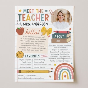 May include: A teacher introduction card with the text "Meet the Teacher Mrs. Anderson." It features a photo, "About Me" section, and "Favorites" list. Includes illustrations of a rainbow, apple, pencil, and bow in a colorful design.