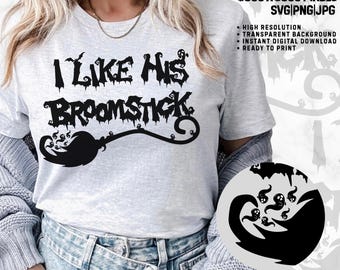 May include: A light gray t-shirt with the phrase "I Like His Broomstick" in black, stylized lettering. A black broom graphic is below the text. The image also includes a black and white graphic of ghosts and bats.
