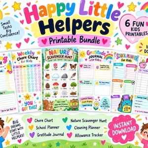 以下が含まれることがあります： Happy Little Helpersというタイトルのカラフルな印刷可能なバンドル。掃除プランナー、家事チャート、自然スカベンジャーハント、感謝日記、学校プランナー、お小遣いトラッカーなど、子供向けの6つのアクティビティシートと漫画のイラストが含まれています。