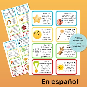 Può includere: Due fogli di note positive in spagnolo per studenti. Ogni nota presenta un design unico con messaggi e illustrazioni incoraggianti. Il testo "Notas Positivas Para Estudiantes" è visibile. La frase "En español" è in basso.