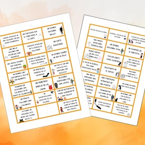Op de afbeelding: Twee vellen papier met Halloween-thema illustraties en Spaanse tekst. De afbeeldingen tonen verschillende spookachtige scenario's, waaronder zombies, geesten en heksen, perfect voor Halloween-activiteiten.