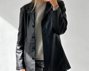 Handmade Women's Oversized Black Leather Blazer, Casual Vintage Style Jacket, 90s Women Streetwear Fashion