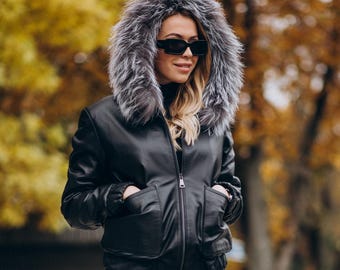 ブラックレザージャケット ファー付きフード 楽天市場】レザージャケット レディース 秋冬 フォックスファー付き