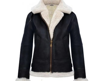 Chaqueta bomber de aviador de piel de oveja auténtica hecha a mano para mujer, abrigo de invierno B3 con capucha para mujer,