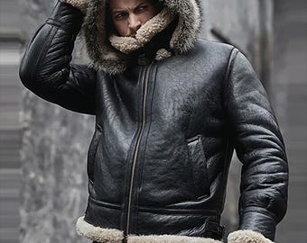 Mens Handmade B3 Hooded Black Shearling Lambskin Leather Aviator Jacket, Fur-Lined Winter Sheepskin Outerwear