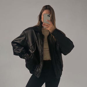 Ladies Retro Oversized Black Leather Winter Jacket, 1990s Women Oversize Vintage Handmade Bomber Coat