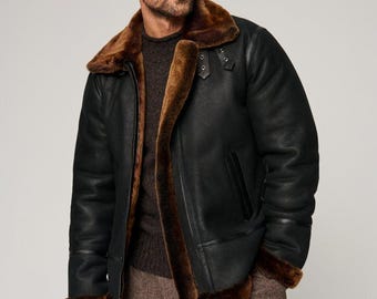 Men's Black Shearling Leather Aviator Jacket, Men Vintage Handmade B3 Bomber Coat, Winter-Fall Jacket