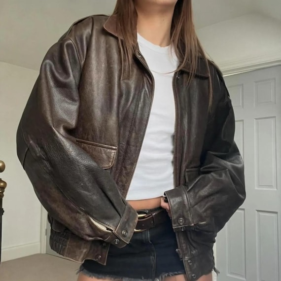 Women's Oversized Distress Brown Sheep Leather Jacket, Women Bomber Vintage Coat, Fall Jacket Gift