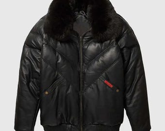 Mens Goose Country Black Leather V-Bomber Quilted Jacket, Shearling Warm Fur-Lined Collar Winter Coat