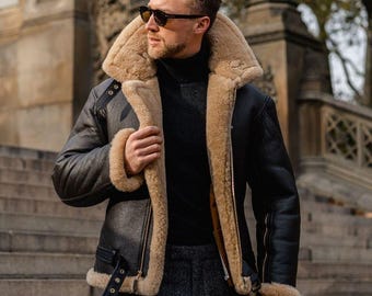 Mens B3 RAF Black Sheepskin Leather Fox-Fur-Lined Shearling Aviator Jacket, Vintage Bomber Winter Coat