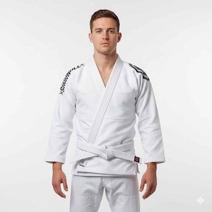 May include: White martial arts uniform with a V-neck top, wrap-around belt, and matching pants. The uniform has the text "XSHONBULLX" printed on the shoulder. The shoulder has a gray stripe design.