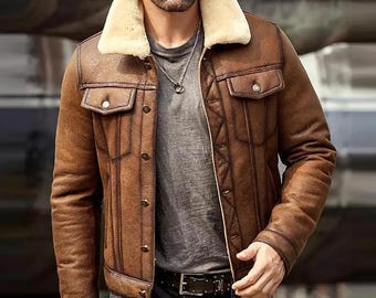 Men's Handmade Distressed Brown Shearling Lambskin Leather Jacket, Vintage Aviator Fur-Lined Coat, Winter-Fall Jackets