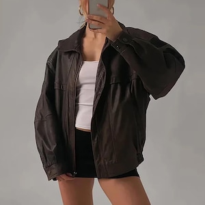 Women 90s Oversize Brown Leather Bomber Winter Jacket, Handmade Vintage Biker Coat For Ladies