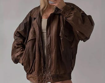 90's Women's Oversized Retro Brown Sheepskin Leather Jacket, Ladies Vintage Coat, Fall Jacket Gift