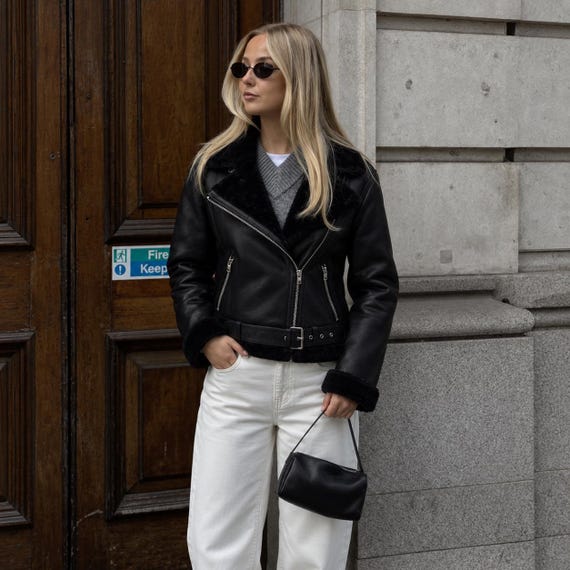 Womens Black Biker Faux-Fur Shearling Jacket, Belted Lambskin-Leather Aviator-Coat, Cozy Winter-Outerwear, Minimalist Warm-Coat, Trendy-Gift