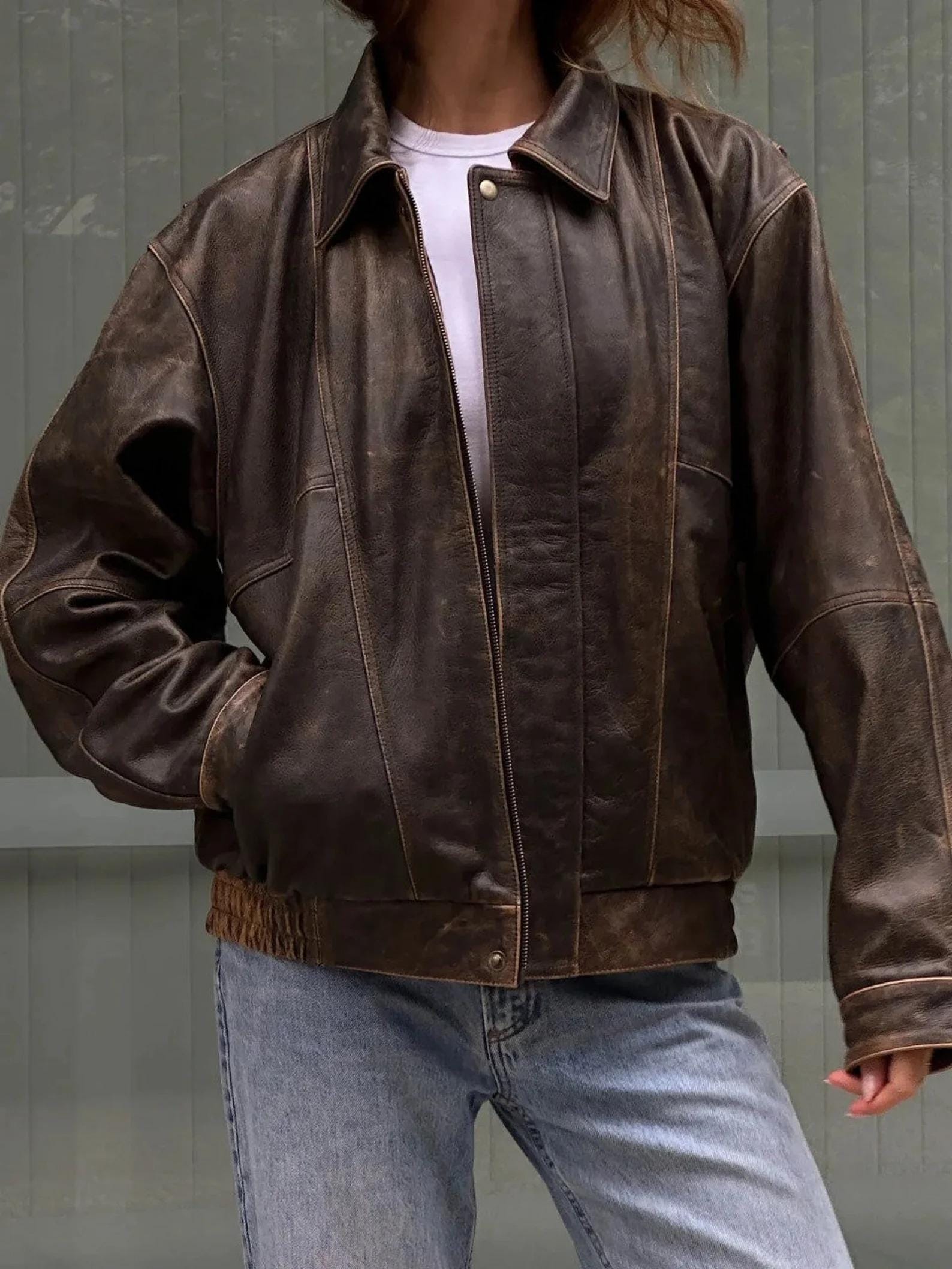 90's Women Oversize Distressed Brown Leather Jacket, Women's