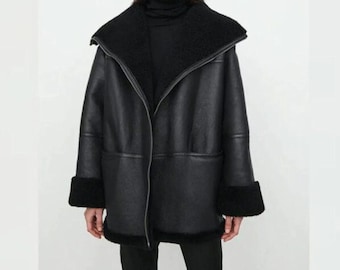 Women B3 Sherpa Aviator Genuine Leather Shearling Fur Collar Lined Jacket, Ladies Winter Coat