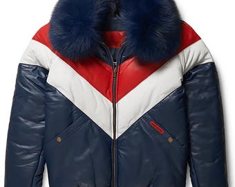 Men Multi-Color Goose Country V-Bomber Quilted Jacket, Aviator Bomber Leather Puffer Coat For Him