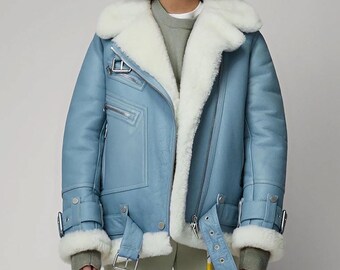 Chaqueta de aviador de piel de oveja para mujer, forrada en piel de oveja, hecha a mano, en azul vaquero y negro.