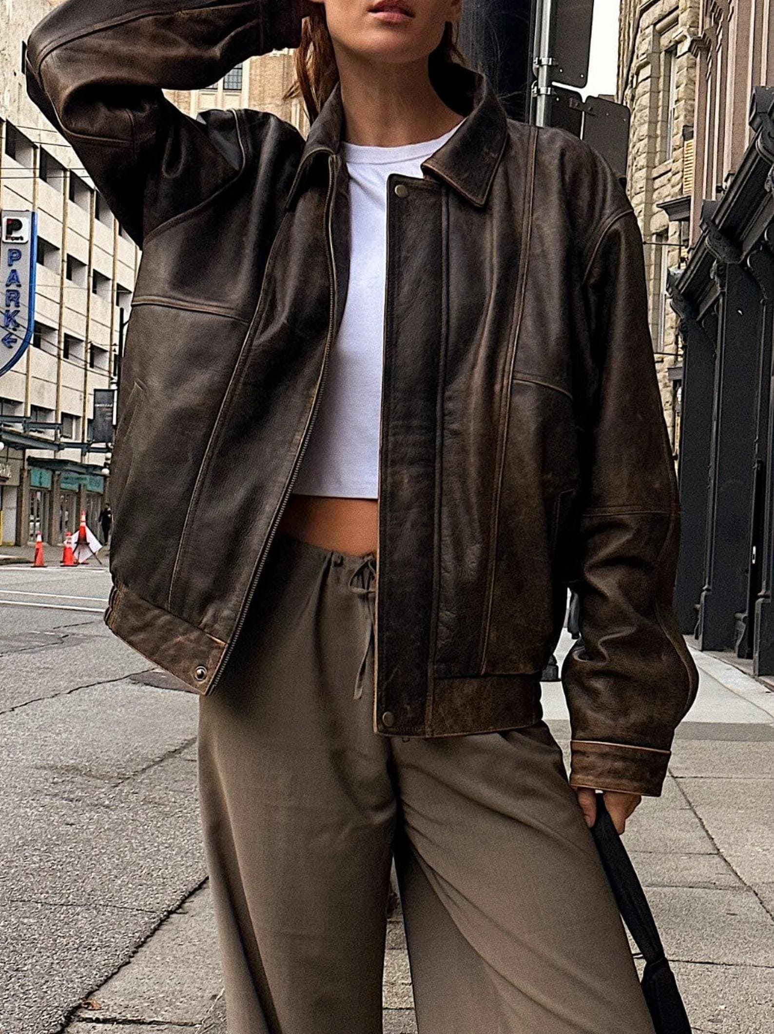 90's Women Oversize Distressed Brown Leather Jacket, Women's